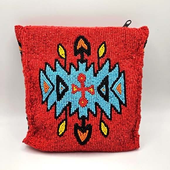 VINTAGE Gammon Shire Aztec Southwestern Fully Beaded Red Clutch Pouch Bag 1993 - Picture 1 of 7